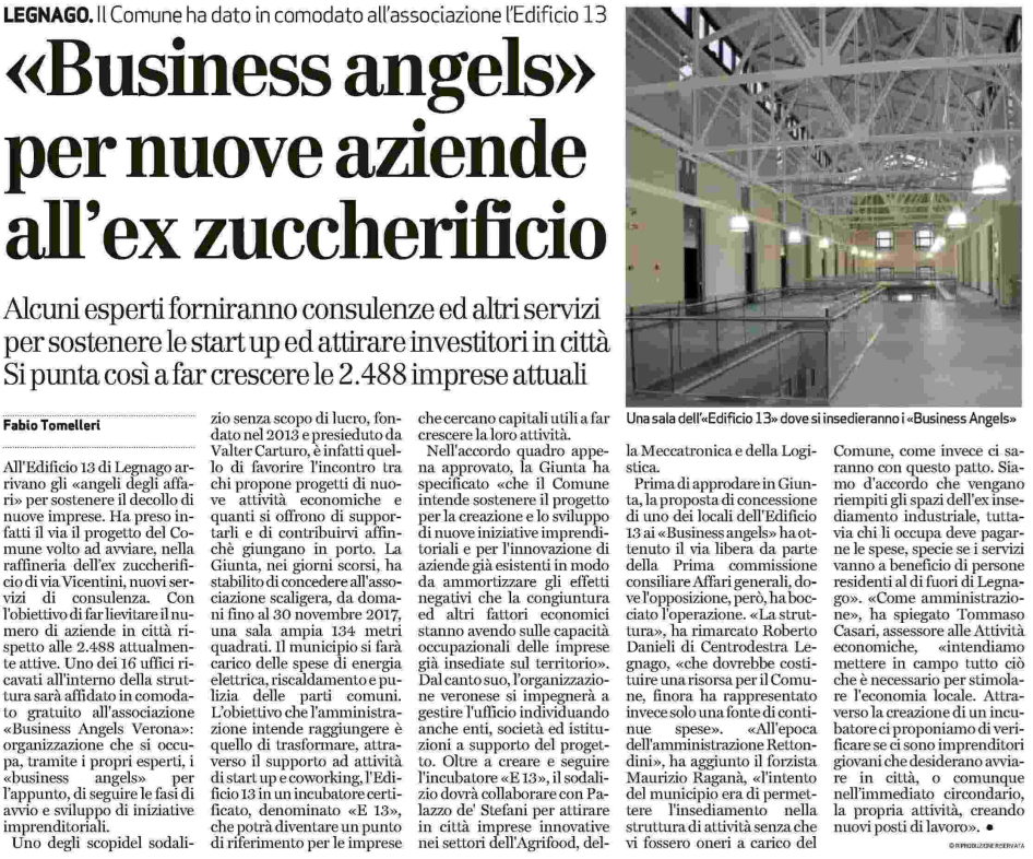 L'Arena - Articolo Legnago e nuove aziende all'ex zuccherificio